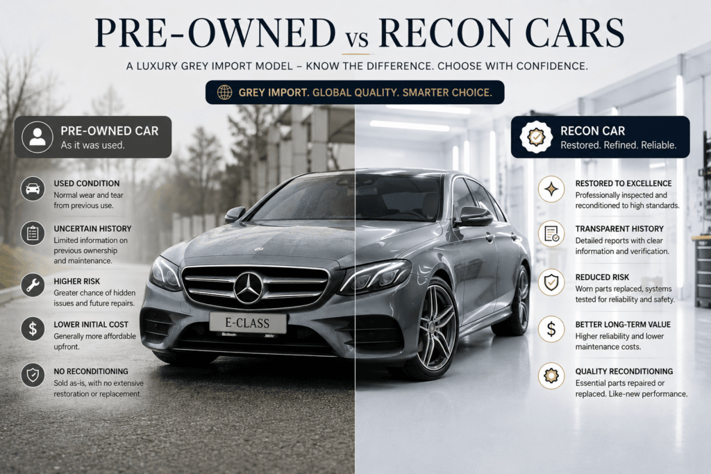 A luxury grey import model demonstrating the differences between pre-owned vs recon cars